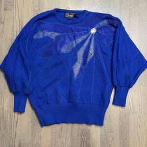 Rochelle California Vtg 80s Dolman Sleeve Cobalt Blue Sparkle Pullover Sweater L